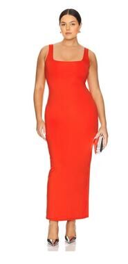 Good American Orange Scuba Maxi Dress L Sleeveless Bodycon Back Slit Stretch